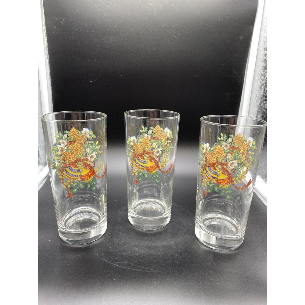 Vintage Christmas Pinecone Ornament Glass Highball Tumblers Set of 3 Holiday